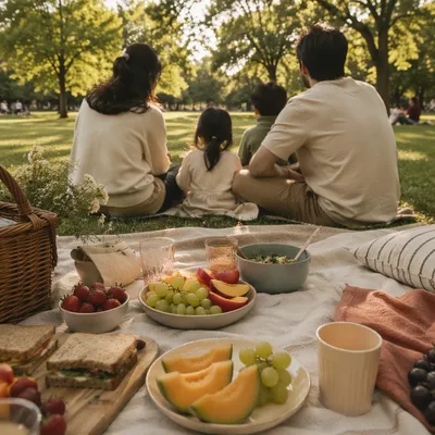 Family Picnic with Food on Park Blanket