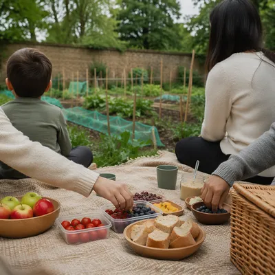 Family Picnic on Blanket in Garden Park