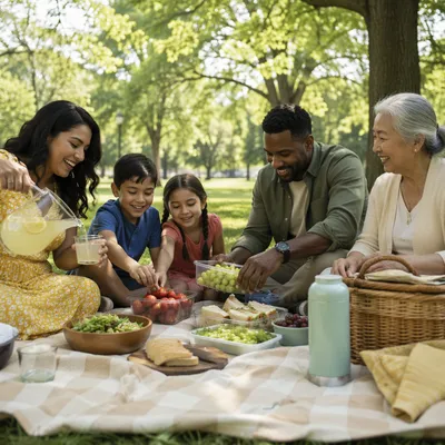 Multigenerational Family Picnic in Leafy City Park