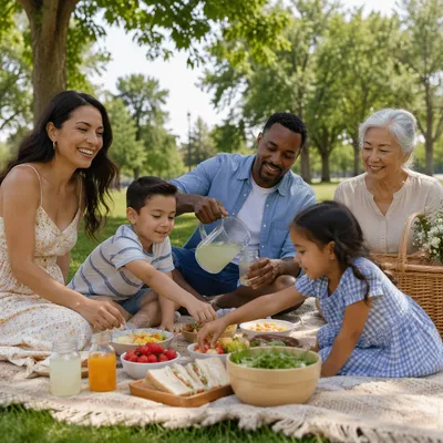 Multigenerational Family Picnic in Leafy Park