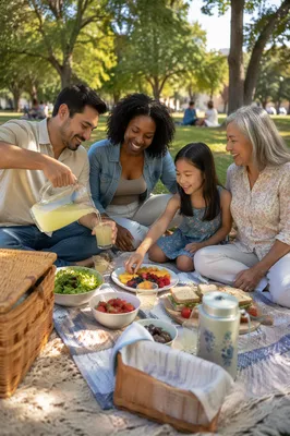 Multigenerational Family Picnic in Leafy City Park