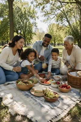 Multigenerational Family Picnic in Leafy City Park