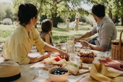 Warm Family Picnic on Park Blanket