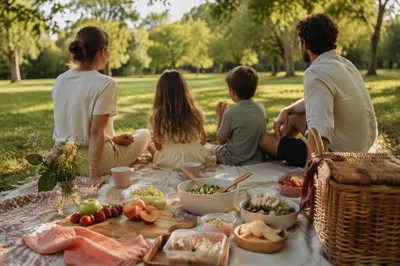 Family Picnic on Sunny Park Lawn