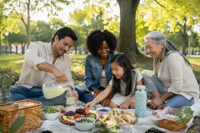 Multigenerational Family Picnic in Leafy City Park
