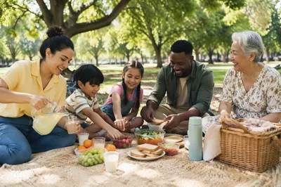Multigenerational Family Picnic in Leafy City Park
