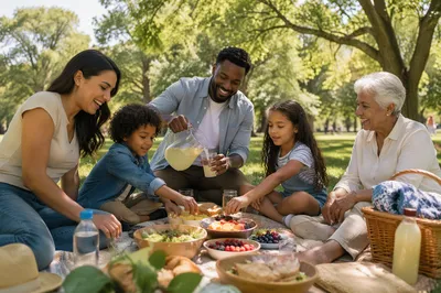 Multigenerational Family Picnic in Leafy City Park