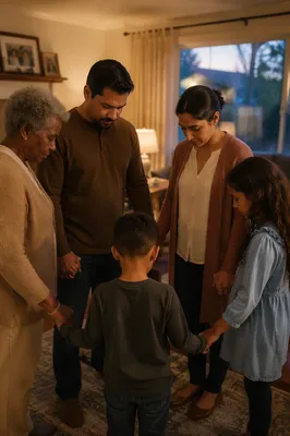 Family Holding Hands in Living Room