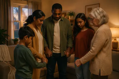 Multigenerational Family Holding Hands in Living Room