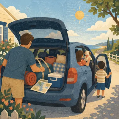Sunny Family Road Trip Departure Scene