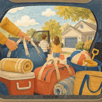 Sunny Family Road Trip Packed Car