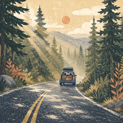 Sunny Family Road Trip Through Forest