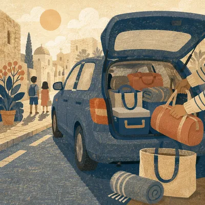 Sunny Family Road Trip Car Packing Scene
