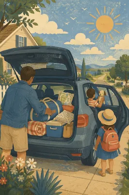 Sunny Family Road Trip Departure Scene