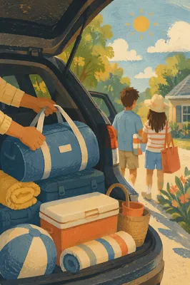 Sunny Family Road Trip Packed Car