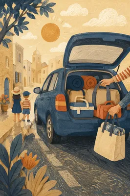 Sunny Family Road Trip Car Packing Scene