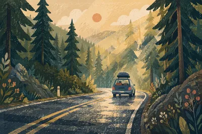 Sunny Family Road Trip Through Forest