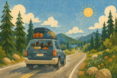 Sunny Family Road Trip Through Evergreens