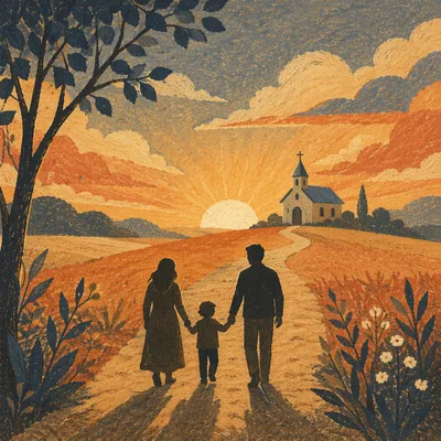 Family Silhouettes Walking Toward Sunrise Chapel
