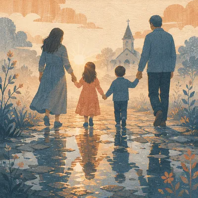 Family Silhouettes Walking Toward Church Sunrise