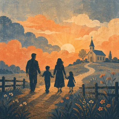 Family Silhouette Walking to Church at Sunrise