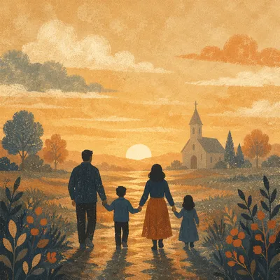 Family Silhouette Walking Toward Church Sunrise