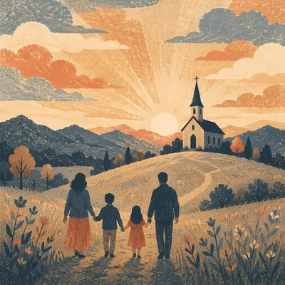Family Silhouette Walking Toward Church Sunrise