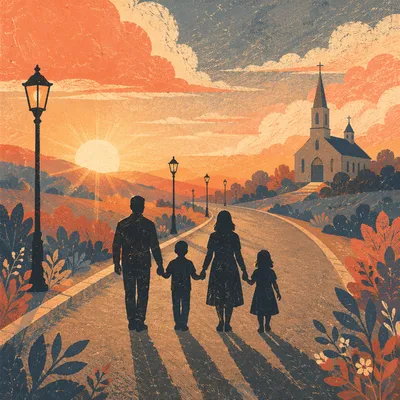 Family Silhouettes Walking Toward Sunrise Church