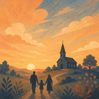 Family Silhouette Walking Toward Sunrise Church