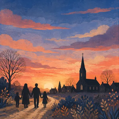 Family Silhouette Walking Toward Church Sunrise