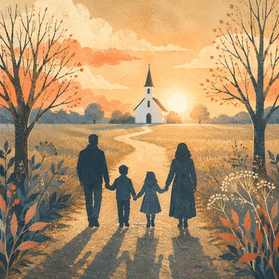 Family Walking Toward Church at Sunrise