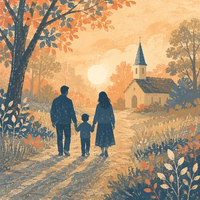 Family Silhouettes Walking to Church at Sunrise