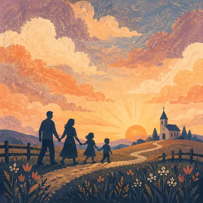 Family Silhouettes Walking to Church at Sunrise