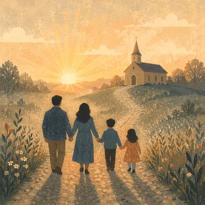 Family Walking Toward Chapel at Sunrise