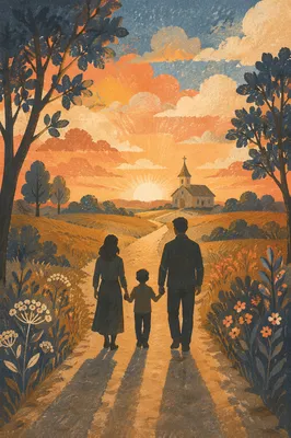 Family Silhouettes Walking Toward Sunrise Chapel