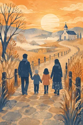 Family Silhouette Walking Toward Church Sunrise