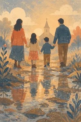 Family Silhouettes Walking to Church at Sunrise