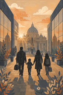 Family Silhouettes Approaching Church at Sunrise