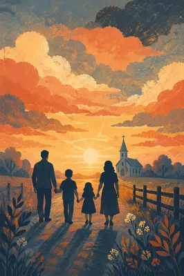 Family Silhouette Walking Toward Sunrise Church