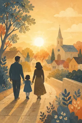 Family Silhouettes Walking Toward Church Sunrise