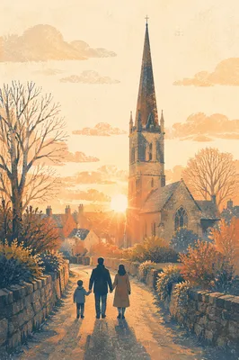 Family Silhouette Walking Toward Church Sunrise