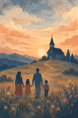 Family Silhouette Walking to Church at Sunrise