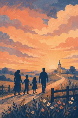 Family Silhouettes Walking Toward Church Sunrise