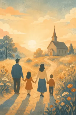 Family Silhouette Walking Toward Sunrise Church