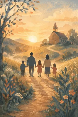 Family Walking Toward Church at Sunrise