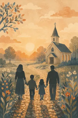 Family Walking Toward Church at Sunrise