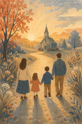 Family Silhouette Walking to Church at Sunrise
