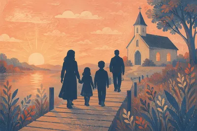 Family Silhouette Walking Toward Sunrise Chapel