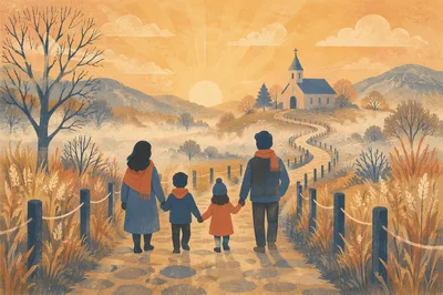 Family Silhouettes Walking to Church at Sunrise