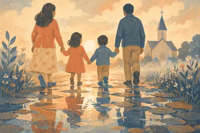Family Walking Toward Church at Sunrise